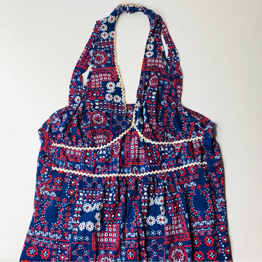 VTG 60s Maxi Gown Red White Blue Pattern Throughout, Sheer Slip w Ric Rac Ribbon